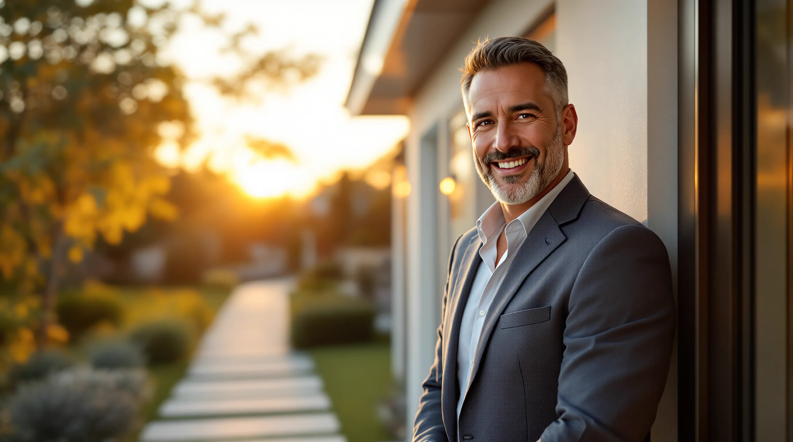 A property owner welcoming a renter at the door of a modern home